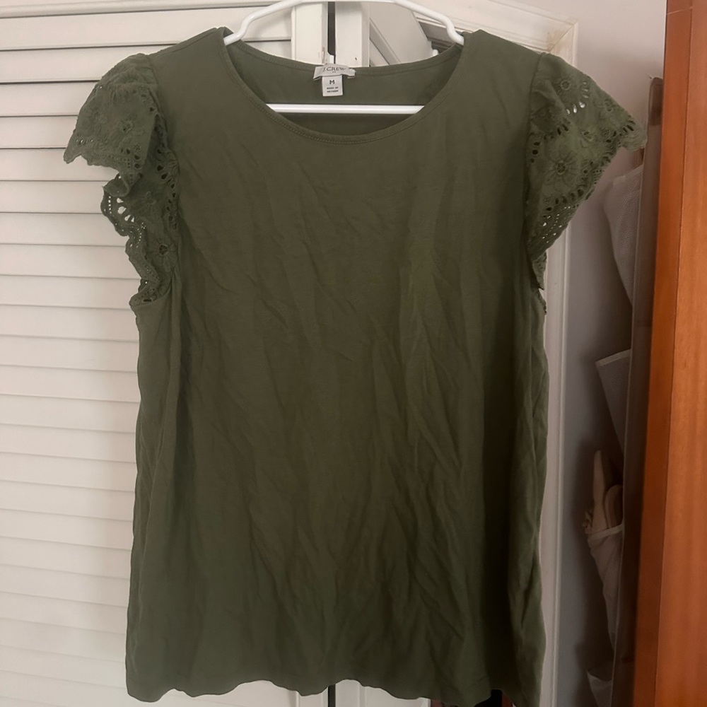 J. Crew Olive Green Women's Blouse with Lace Sleeves